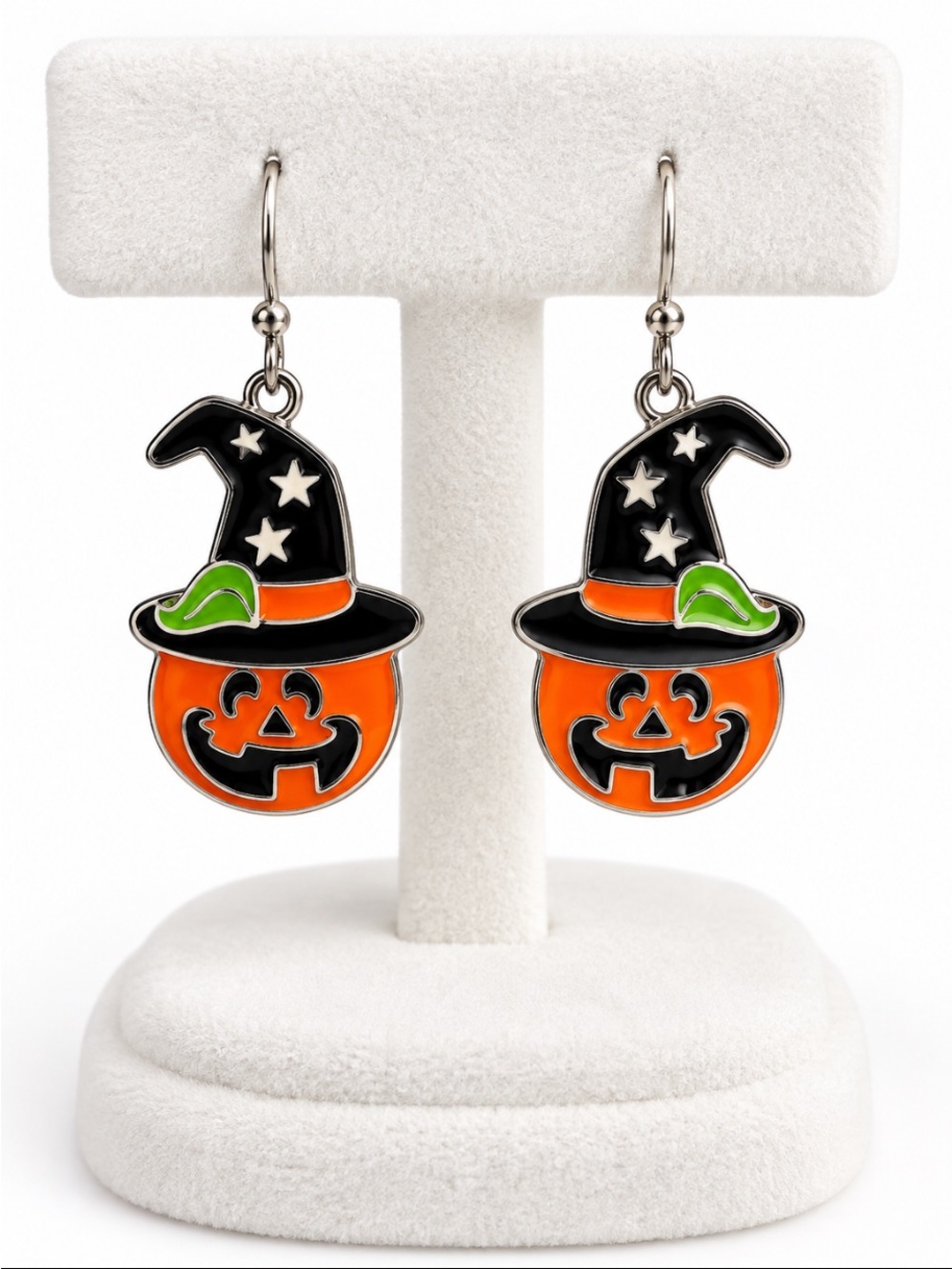 Halloween Pumpkin Witch Hat Enamel Dangle Earrings Orange Black